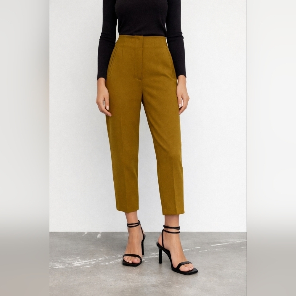 ZARA Mustard High Waist Pleated Straight Pants M Cropped Tailored Fit  Office